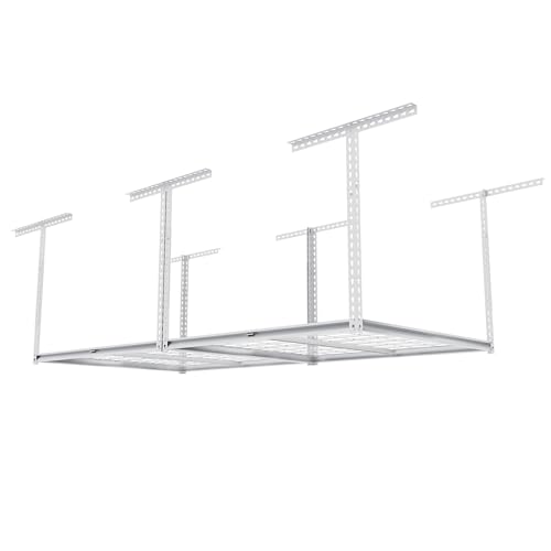 The Atlas 4 x 8 ft Adjustable Height Overhead Garage Storage Rack 900 lbs Heavy Duty Capacity White (900lbs - White)