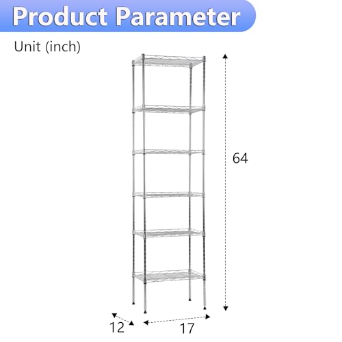 6 Tier Wire Shelf (Chrome / 17"D x 12"W x 64"H)