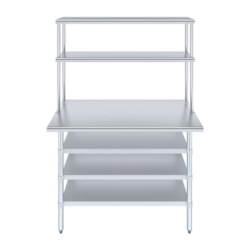 24" x 48" Stainless Steel Work Table with 3 Shelves and 12" Wide Double Tier Overshelf (24" x 48" Table with 3 Shelves + 12" Overshelf)