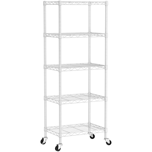 5 Small Wire Shelves Kitchen Pantry Close Home Organizers and Storage Bathroom Shelf Laundry Room Organization Adjustable Book Metal Garage Shelving Unit (White / 5-Tier 11.8"D X 17.3"W X 57.2"H)