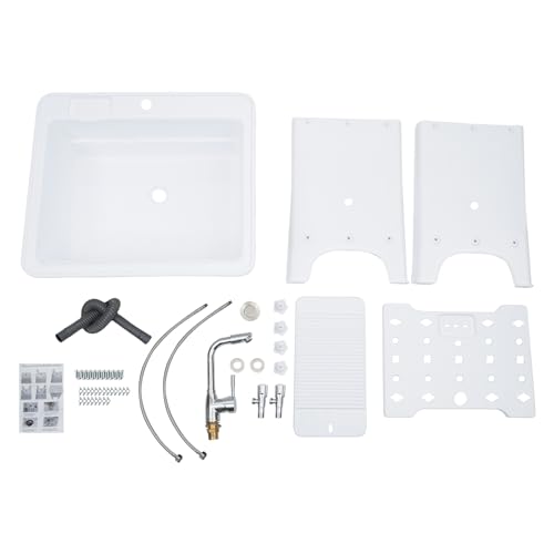 Freestanding Utility Sink Plastic Laundry Sink Spacious Laundry Tub Sink with Storage Shelf Indoor Outdoor Slop Sink Wash Station for Bathroom Laundry Washing Room (B / White-25.6*21.65*31.5in)