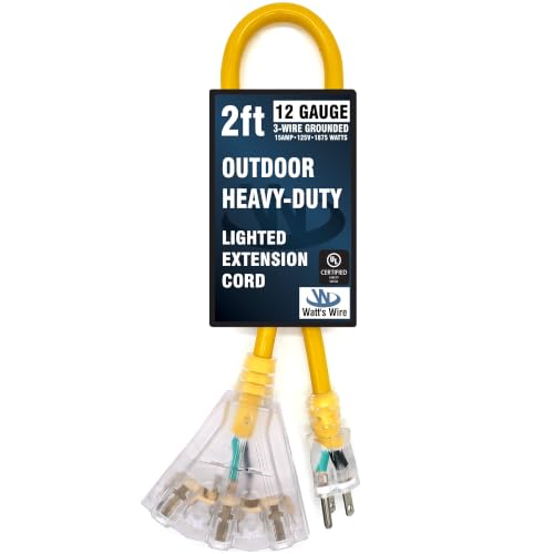 2 ft Short Outdoor Extension Cord (Yellow / 2 Ft)