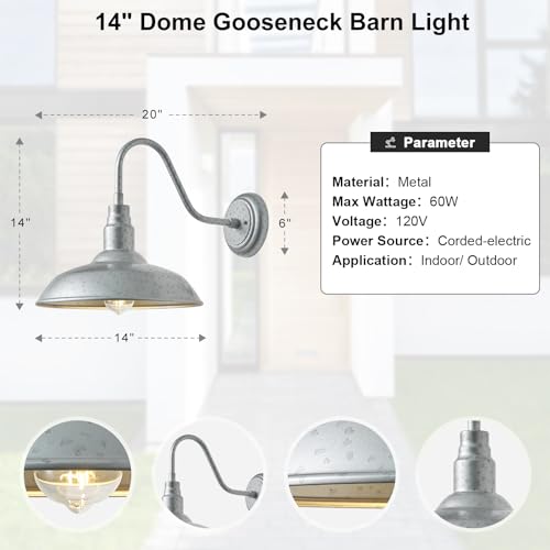 14in Outdoor Gooseneck Barn Lights for Patio (Galvanized / 14" Dome)