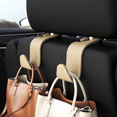 4 Pack Car Headrest Hooks Holds 55lbs Seat Storage Organizer for Bags (L-Beige Check)