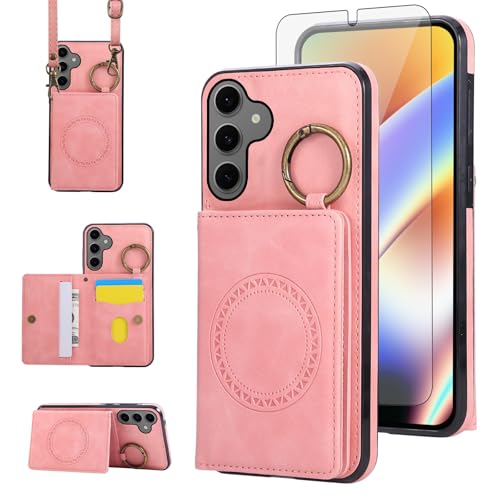 Compatible with Samsung Galaxy Samsung Galaxy S26 5G Wallet Case Screen Protector Crossbody Shoulder Strap Ring Buckle Stand Card Holder Magnetic Car Mount Phone Cover for S 26 26S Women Men Pink (Rose Gold / for S26)