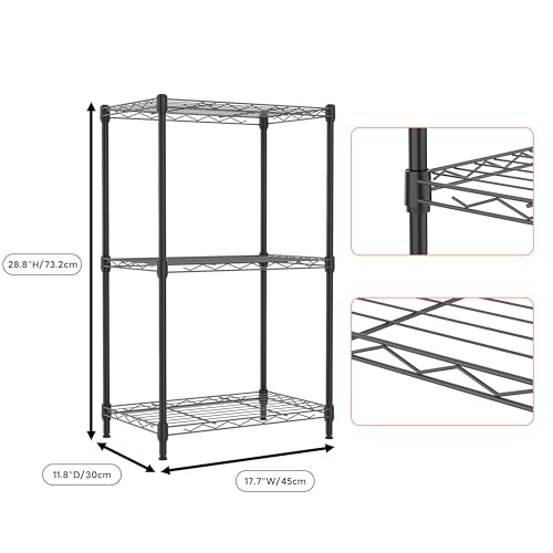 3 Tiers Shelf Metal Storage Shelves Wire Rack Closet Organizers with Wheel for Garage Kitchen Bathroom Laundry Black 11.8" D x 17.7" W x 28.8" H (3 Tiers, 11.8"D x 17.7"W x 28.8"H / Black)