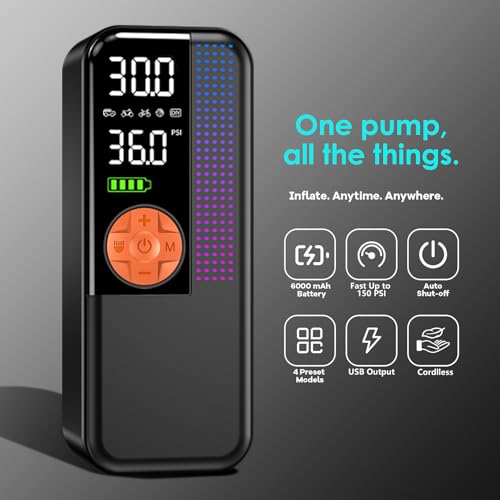 150PSI Portable Cordless Tire Inflator Air Compressor (Orange / 6000mAh)