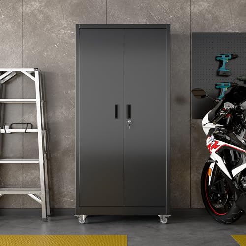 Garage Storage Cabinet with Wheels & Pegboard Doors (Black / 18"D x 34"W x 71"H)