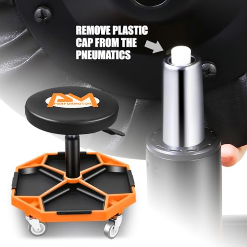 Adjustable Height Pneumatic Garage Seat Rolling Mechanic Stool with Tool Tray Storage (Orange)