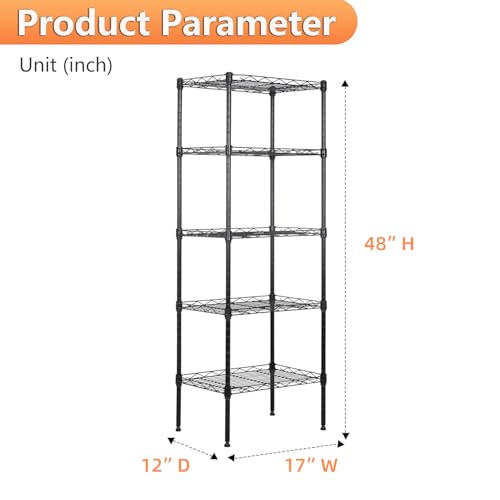 5 Tier Wire Shelf (Black / 17"D x 12"W x 48"H)