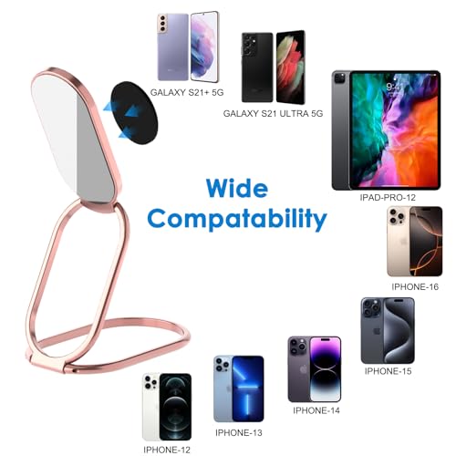 Phone Holder Foldable Phone Stand Phone Ring Holder Finger Kickstand 360° Rotation Cell Phone Stand Metal Phone Grip for Magnetic Car Mount Sticky Phone Grip Compatible with Most Smartphones (Rose Gold)