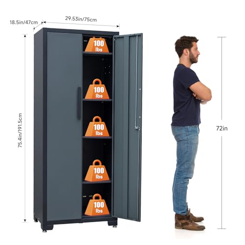 75 inch Metal Garage Storage Cabinet with 4 Adjustable Shelves (Single)