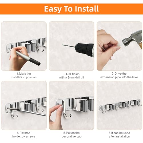 2 Pack Mop and Broom Holder Wall Mount for Kitchen Garage Laundry Room (Silver / 2 Pack 4 Racks with 5 Hooks)