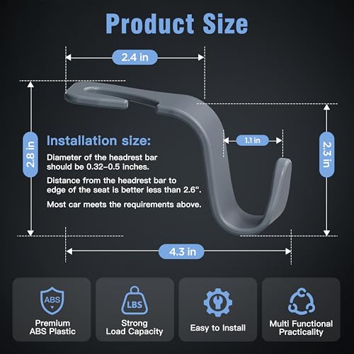 4 Pack Car Headrest Hooks Holds 55lbs Seat Storage Organizer for Bags (Gray)