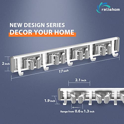 Broom Holder Wall Mount Mop Hanger Tools organizer 4Racks 5Hooks (Silver)