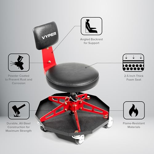 Vyper Robust Steel Sport Shop Chair for Mechanics (Black Seat, Red Frame)