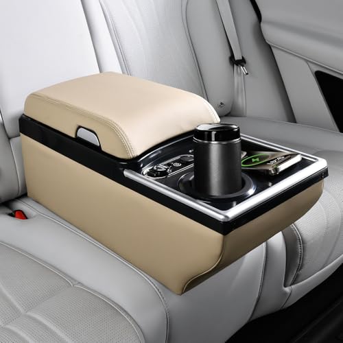 Universal Car Center Console with Wireless Charging & Cup Holder (Wireless Charging / Beige)