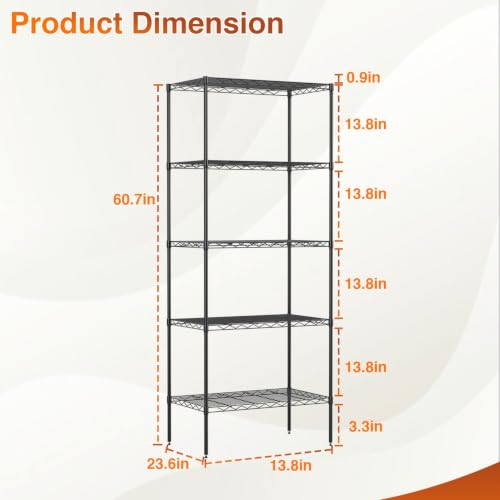 5 Tier Wire Shelf (Black / 14"D x 24"W x 60"H)