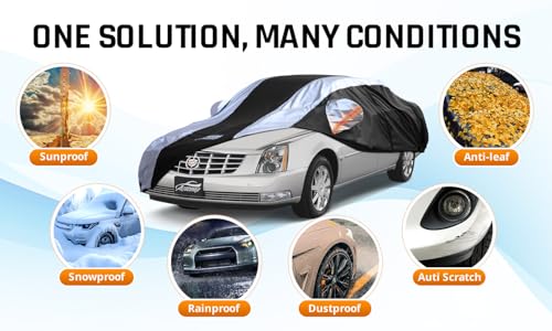 Car Cover Waterproof All Weather with Silver Strip Design (Custom Fit Cadillac DTS, XTS, CT6)
