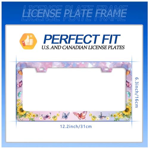 Butterfly Sunflower License Plate Frame Stainless Steel Holder 12.3"x6.3" (Colorful Butterfly Yellow Sunflowers)
