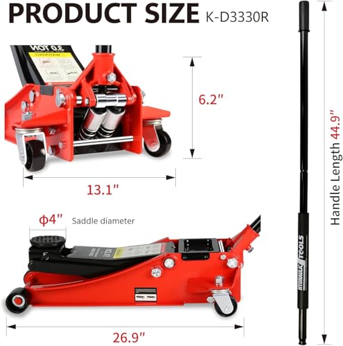 3 Ton Low Profile Floor Jack (Red - 3 Ton(Dual Pump), Lift 3.3"-18.5")