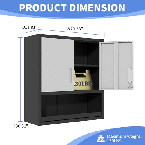 Wall Mounted Metal Storage Cabinet (Black & Gray / H30.31" - 2 Doors & Open Storage)
