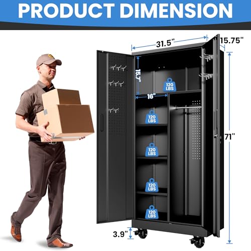 Metal Storage Cabinet for Garage (Black / L - 2 Doors & Hanging Rod (Wheeled))