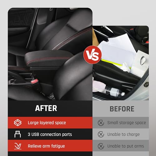 Double Layer Armrest Box for Honda Fit Jazz 2009 (Black with Red Thread)