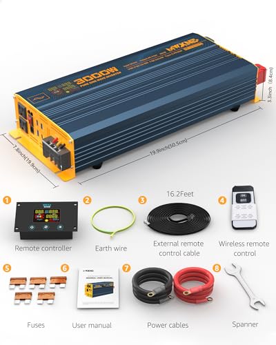 3000W Pure Sine Wave Power Inverter DC 12V to 110V 120V with Fast Charging Type (3000W- 12V)
