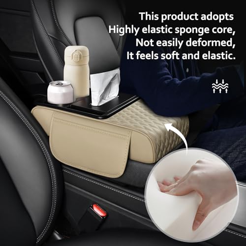 5-in-1 Car Center Console Armrest Cover Pad, Multifunctional Car Arm Rest Organizer with Cup Holder, Tissue Slot & Side Storage Pockets, Soft Leather Auto Armrest Cushion, Beige (Beige)