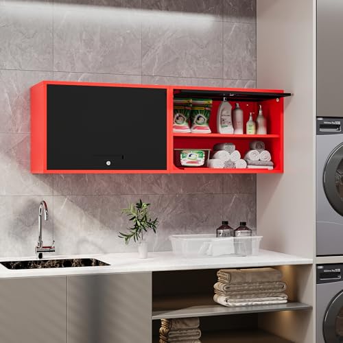 Metal Storage Cabinet Black Red Wall Cabinets with Shelf and Locking Door (15.7"D x 31.5"W x 21.6"H / Black&red)