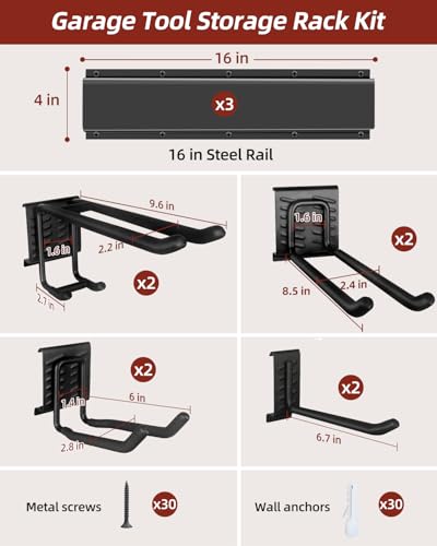 Garage Tool Organizer Wall Mount (48" 3 Panels & 8 Hooks)