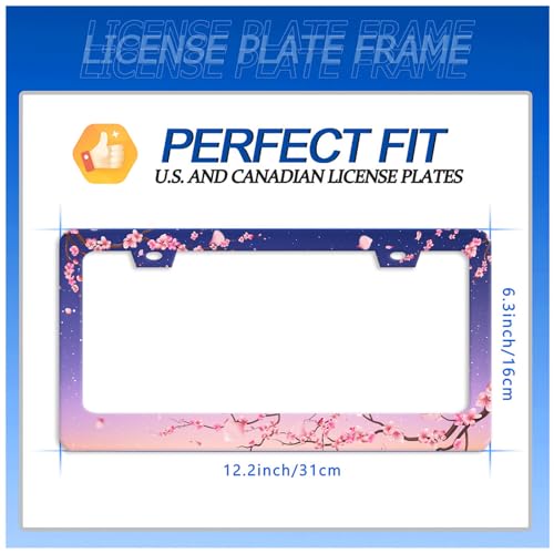 Cherry Blossom License Plate Frame Stainless Steel Women Car Accessory (Pink Cherry Blossom Flowers Floral)