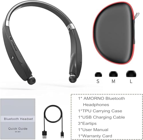Foldable Bluetooth Headphones Wireless Neckband Headset with Retractable Earbuds (Black)
