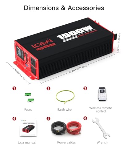 1500 Watt Pure Sine Wave Power Inverter DC 12V to AC 110 (1500W - 12V / Red)
