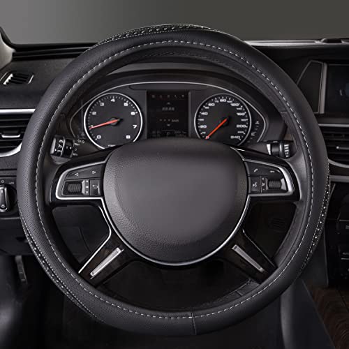 Bling Diamond Black Leather Steering Wheel Cover (Silver Diamond 1PCS)