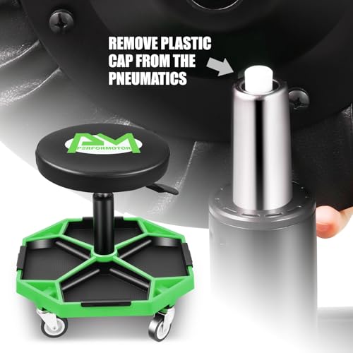 Adjustable Height Pneumatic Garage Seat Rolling Mechanic Stool with Tool Tray Storage (Green)