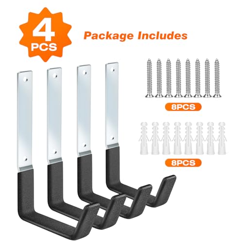 Ladder Hangers for Garage Wall Garage Hooks Heavy Duty Wall Hooks Set of 4 Tool Organizers and Storage Wall Mount Garage Storage Utility Rack Tool Holder for Garage Garden Shed Shop Bike Hose (4PACK)