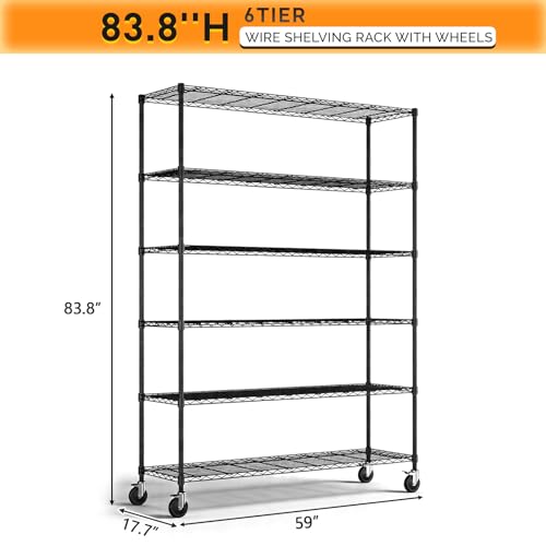 6 Tier Metal Storage Shelves 84''H Wire Shelving with Wheels for Storage Adjustable Heavy Duty Garage Shelving Storage Racks for Pantry Shelves Kitchen Office Garage (Black / 59"W × 17.7"D × 83.8"H)
