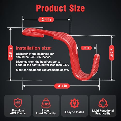4 Pack Car Headrest Hooks Holds 55lbs Seat Storage Organizer for Bags (Red Check)