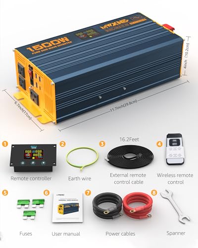 1500W/3000W(Peak) Power Inverter Pure Sine Wave DC 12V to 110V 120V AC Converter 3 AC Outlets Car Inverters with 4 USB Fast Charging Ports, LCD Display and Remote Controller for Truck RV (1500W- 12V)