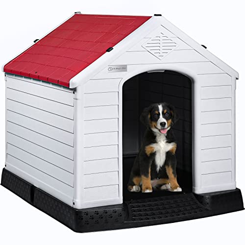 Durable Waterproof Plastic Dog House for Small to Large Sized Dogs (Red / 34"L x 31"W x 32"H)