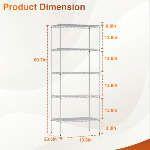 5 Tier Wire Shelf (Chrome / 14"D x 24"W x 60"H)