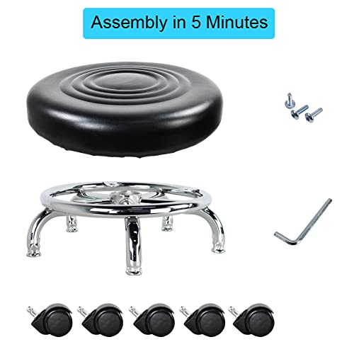 Roller Seat PU Leather Foot Stool Low Rolling Stool 360° Round Step Stool (Black)