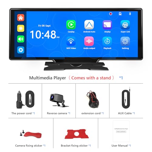 Portable Carplay Screen for Car 9.28" Carplay & Android Auto Car Touch Stereo (10.26" Carplay with 4K DVR & 1080p Rear Cam)