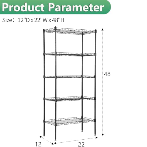 5 Tier Wire Shelf (Black / 22"D x 12"W x 48"H)