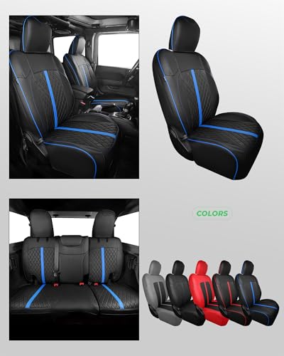 for Jeep Wrangler Leather Custom Car Seat Covers Full Set 4 Door (Black with Blue Trim / JL 18-26 4Door Without Rear Cup Holder)