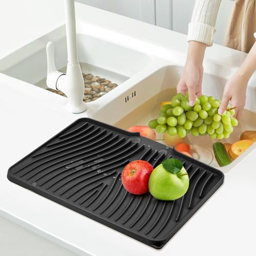Silicone Dish Drying Mat for Kitchen Counter (Black-1pc / 16" x 12")