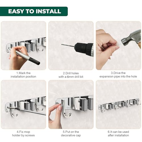 Mop and Broom Holder Wall Mount for Kitchen Garden Laundry Garage (Silver / 3 Racks with 4 Hooks)