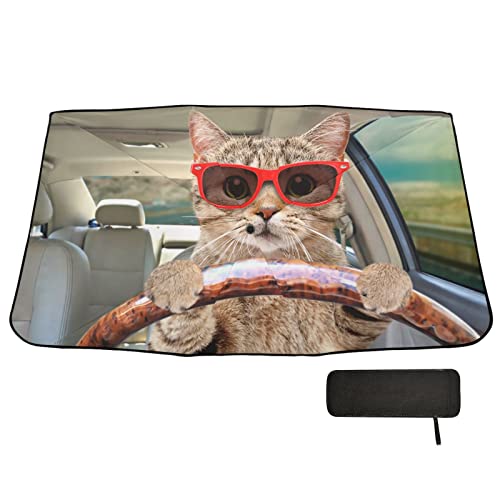 Fun Cute Cat Driving Windshield Sun Shade Umbrella Foldable Car Front Window Sunshade Blocks UV Rays Heat Keep Vehicle Cool (multi 24)